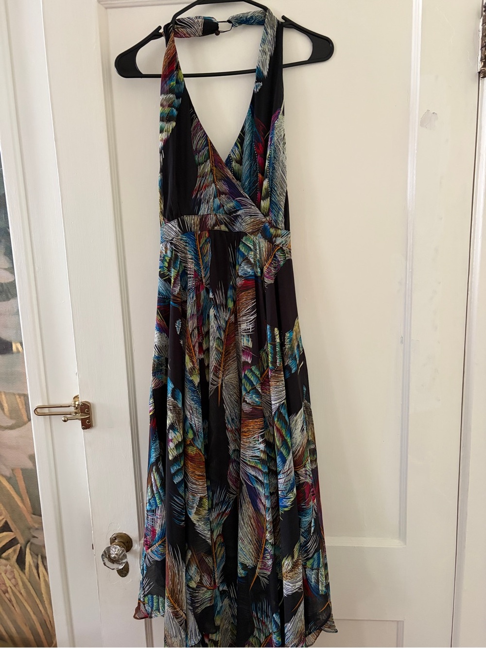 MSK Black Halter Maxi Dress with Multicolor Tropical Feather Print